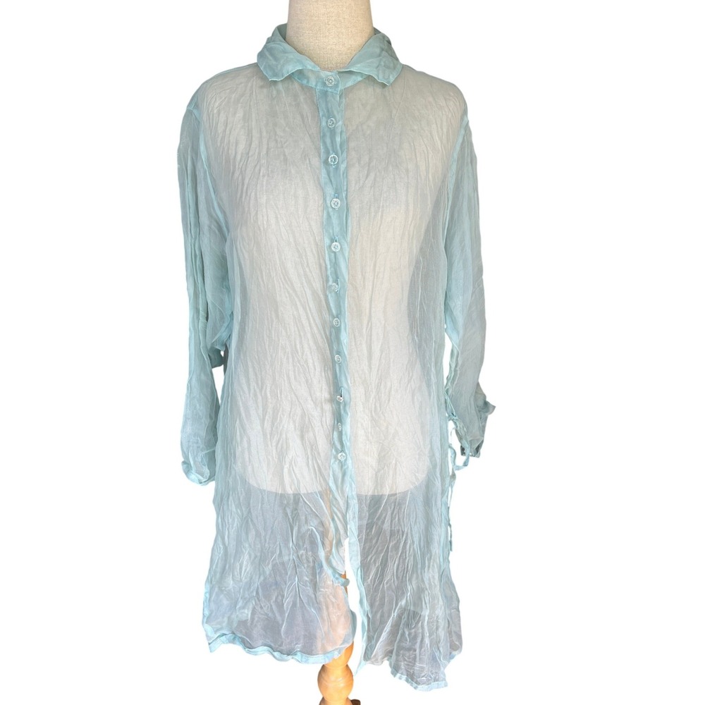 Krista Larson Sheer Silk Duster Tunic Shirt Aqua Blue One Size Lagenlook Fairy